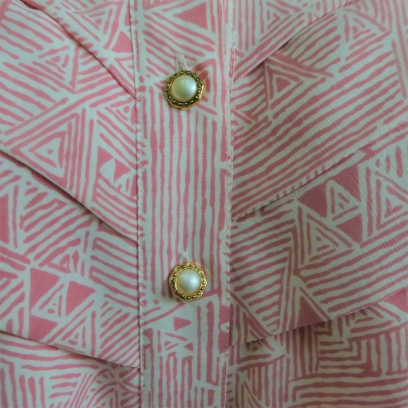Vintage 70s 80s Dress Secretary Day Pockets Geometric Pink Pearlized Buttons L - Picture 7 of 15